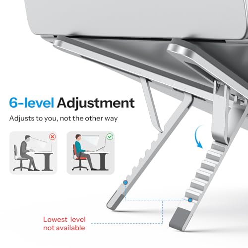 OMOTON LA15 Foldable & Portable Laptop Stand for Desk, [360° Support Feet+Lightweight] Tablet Stand for Desk and Travel, 6 Level Height Ergonomic Aluminum Computer Holder for 10-16" Laptops