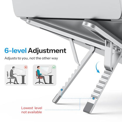 OMOTON LA15 Foldable & Portable Laptop Stand for Desk, [360° Support Feet+Lightweight] Tablet Stand for Desk and Travel, 6 Level Height Ergonomic Aluminum Computer Holder for 10-16" Laptops