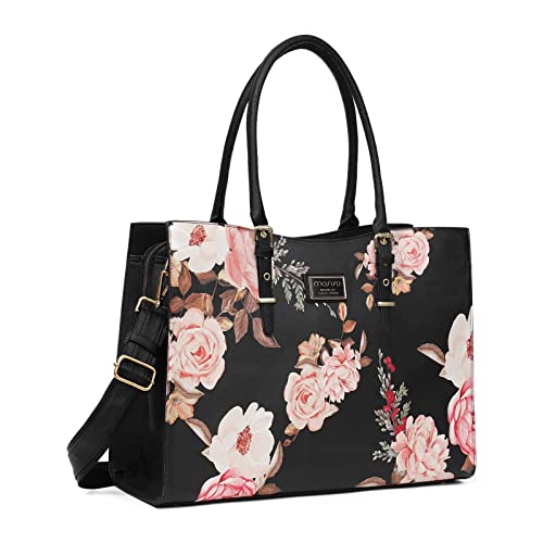 MOSISO Laptop Tote Bag for Women, 15-16 inch Laptop Bag | Compatible with MacBook Air 15/Pro 16, Peony Waterproof PU Leather Work Tote Briefcase with Adjustable PU Handle, Black - size: 16 inch