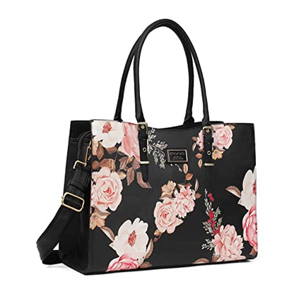 MOSISO Laptop Tote Bag for Women, 15-16 inch Laptop Bag | Compatible with MacBook Air 15/Pro 16, Peony Waterproof PU Leather Work Tote Briefcase with Adjustable PU Handle, Black - size: 16 inch