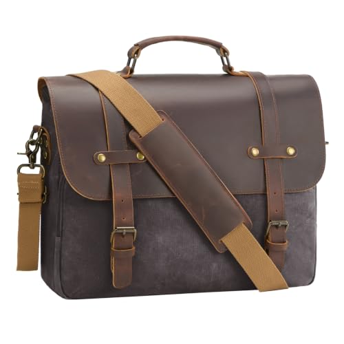 Mens Messenger Bag Waxed Canvas Laptop Briefcase 16“ Vintage Genuine Leather Crossbody Bags Waterproof Satchel Shoulder Bag - color: Dark Grey