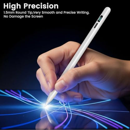 Pencil for iPad 2026-2018, LED Display Fast Charge Stylus Pen | Palm Rejection,Tilt Sensitivity, Compatible for iPad A16 11/10/9/8/7/6, Pro 11"/12.9"/13''/M4, Air M3/M2/5/4/3, Mini 7/6/5 - color: Silver White