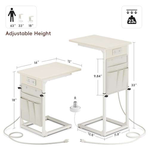 Vagusicc C Shaped End Table with Charging Station, Adjustable Height Side Table for Couch, Small Sofa Table C Table End Table, Slide Under Couch Table TV Tray Arm Table for Living Room, Bedroom, Cream - color: Cream White, style: With Plug