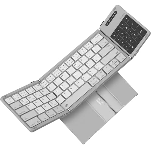 Nillkin Bluetooth Foldable Keyboard with Touchpad & Number Pad, Pocket-Size Portable Keyboard with Full Size Keys, Wireless Keyboard with Trackpad for 3 Devices iPad Tablet Laptop Phone, Gray - color: Gray