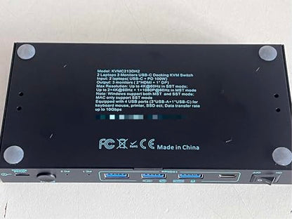 2 Laptops 3 Monitors KVM Switch 2 Port MST Dual USB-C Docking KVM Switches Triple Monitor Support Max 10Gbps USB Transfer Dual 4K@60Hz & One 1080P@60Hz Video Output, 100W PD Charging