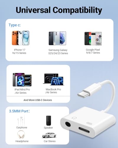 Seulliya USB C to 3.5mm Headphone Jack and Charger Adapter, 2-in-1 Audio & Fast Charging Splitter for Apple iPhone 17/16/15/Pro/Pro Max, iPad, Samsung, Pixel, and More 2Pack - color: White
