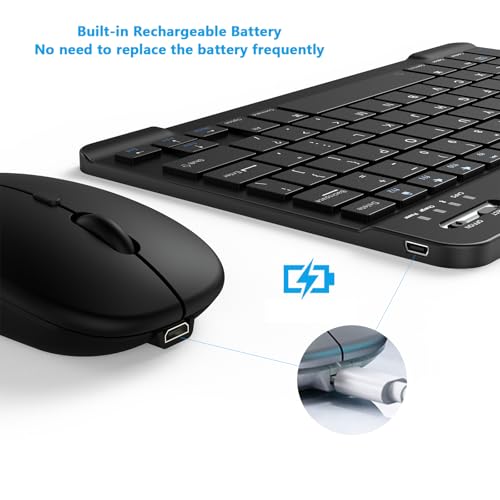 Ultra-Slim Small Bluetooth Keyboard and Mouse Combo Portable Rechargeable Wireless Keyboard for Android Tablet Cell Phone Samsung Smartphone iPhone iPad mini Pro Air 10.2 10.9 11 12.9 13 inch (Black)