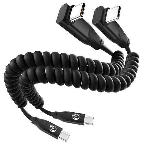 Coiled USB C Cable 90 Degree 1ft 2Pack, 20Gbps USB 3.2 Gen 2 C to C Car Charger Cable Short, 4K Video & 100W Charging Type C Cord, for iPhone 17/16/15 Pro Max, Galaxy S25, Pixel, iPad MacBook