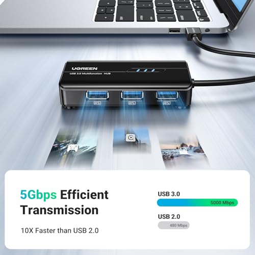 UGREEN USB 3.0 Hub Ethernet Adapter, with 3 USB 3.0 Ports Hub 1000Mbps | Gigabit Network Converter Compatible with Laptop PC MacBook Mac mini Surface XPS Windows Linux macOS, and More