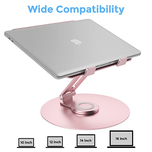 Swivel Laptop Stand for Desk, Adjustable Height Aluminum Computer Stand with 360 Rotating Base, Foldable Ergonomic Riser, Portable Laptop Holder Compatible with MacBook, All Laptops 10-17'', Pink - color: Pink
