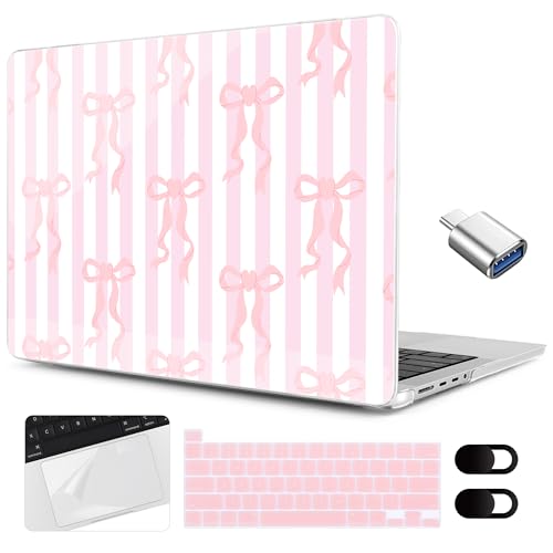 MEEgoodo for MacBook Pro 13 inch Case 2022 2021 2020 A2338 M2/M1 A2251 A2289 with Touch ID,Clear Laptop Hard Shell Cases with Keyboard Webcam Cover&Trackpad Film& Type C Adapter, Pink Bows&Stripes - color: Pink Bows&Stripes