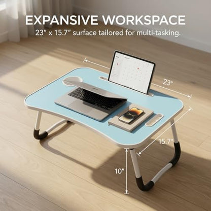 BUYIFY 23" Foldable Lap Desk for Laptop Writing w/Cup Holder Blue | Sturdy and Durable, Laptop Bed Desk with Tablet Slot, No Assembly, Space Saving for Bed Couch Dorm WFH Students - color: Blue