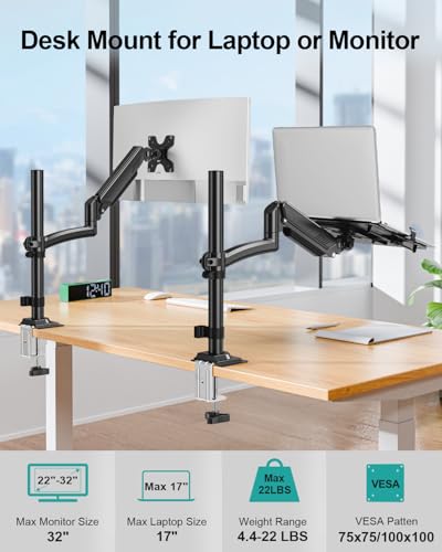MOUNT PRO Laptop Arm Desk Mount, Single Monitor Stand with VESA Laptop Tray, Adjustable Lap Top Holder for Max 22lbs 17" Notebook & 32" Computer Screen, Swivel Notebook Bracket, Clamp on/Grommet Base - size: With Pole