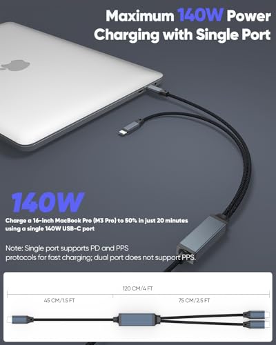 4FT 2-in-1 USB C to Dual USB C Cable, 140W USB C Splitter Cable for MacBook Pro, Intelligent Power Distribution 100W+40W or 65W+65W, Fast Charging Cord for Laptop, Tablet, Phone (Nylon Braided) - size: 4FT