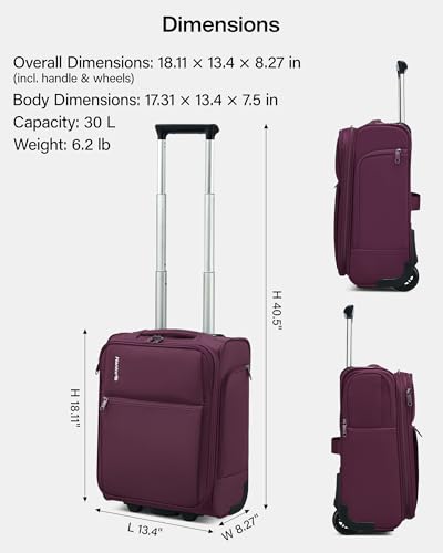 Hanke Underseat Carry On Luggage with Wheels, 17 Inch Rolling Bag, Purple | Fits 15.6 Inch Laptop, Shoe Bag Included, Small Suitcase, Softside, Trolley Sleeve, Water-Resistant, 30L Personal Item - color: Purple, size: 17 Inch Underseat Plus