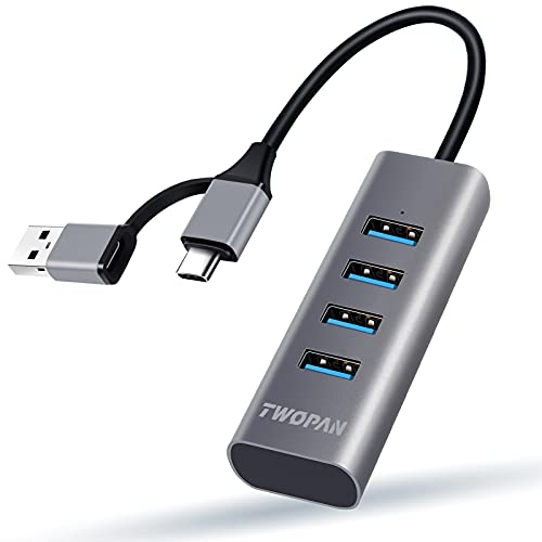 TWOPAN 4-Port USB 3.0 Hub for Laptop, Aluminum Alloy, USB-A & USB-C Plugs, 5Gbps Data Transfer, Compatible with MacBook Pro/Air, iMac, iPhone 16/15, Desktops, Tablets, Keyboard, Mouse, Mobile HDD - color: Grey AC