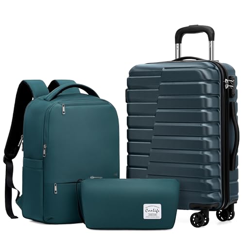 Coolife Luggage Sets 3 Piece, 20In Carry On Luggage with Spinner Wheels PC Hardside Suitcase Set with Travel Backpack (Teal blue, Backpack/TB/20) - color: Teal blue, size: 3 piece set (Backpack/TB/20)