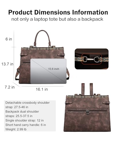 FADEON Laptop Bag for Women Designer PU Leather Large Tote Bags Backpack Purses with 15.6 Laptop Compartment Shoulder Handbag - color: Coffee Brown Retro Style