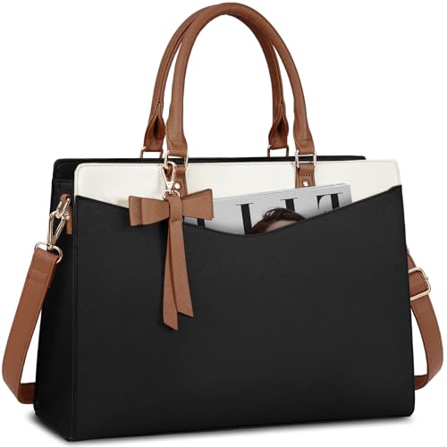 RAINSMORE Laptop Bag for Women 15.6 Inch PU Leather Tote Bag Professional Business Office Work Bag Waterproof Briefcase Computer Tote Bag Large Capacity Lightweight Handbag Shoulder - color: Black-beige-dark Brown