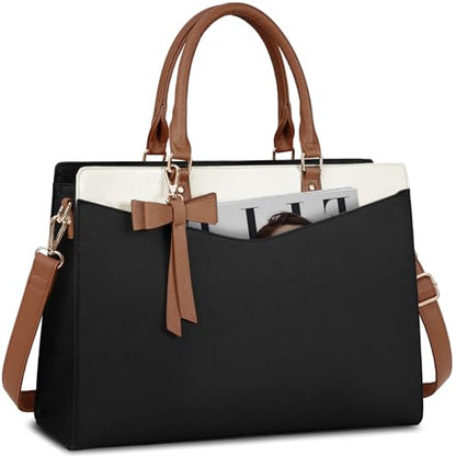 RAINSMORE Laptop Bag for Women 15.6 Inch PU Leather Tote Bag Professional Business Office Work Bag Waterproof Briefcase Computer Tote Bag Large Capacity Lightweight Handbag Shoulder - color: Black-beige-dark Brown