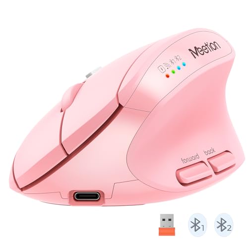 MEETION Ergonomic Vertical Mouse, Wireless Bluetooth Mouse - Pink | Rechargeable mouse with dual Bluetooth 5.2 and USB, 4 DPI levels (800–2400), compatible with Windows, Mac, PC and iPad - color: Right Pink