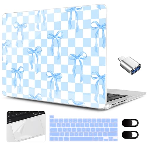 MEEgoodo for MacBook Pro 13 inch Case 2022 2021 2020 A2338 M2/M1 A2251 A2289 with Touch ID,Clear Laptop Hard Cases with Keyboard Webcam Cover&Trackpad Film& Type C Adapter, Blue&White Checkers&Bows - color: Blue&White Checkers&Bows