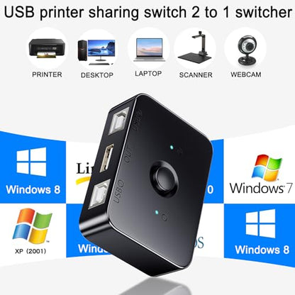 QIANRENON USB2.0 Printer Sharer Switcher 2 Port USB B Print Selector Switch Adapter, 2 Computer Share 1 Printer Manual Switcher, with LED Light, Including 2 * 1.5m Print Cable