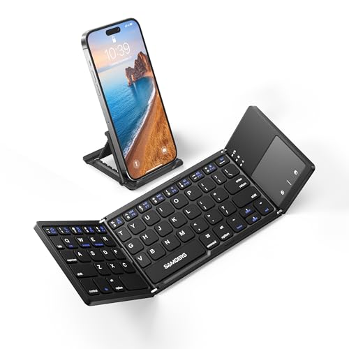Samsers Foldable Bluetooth Keyboard with Touchpad, Ultra Slim Compact,Black | Multi-touch Trackpad, Full Size, Phone Holder, USB-C Charging, 1 Device, for Android Windows iOS Mac OS, Mobile Productivity - color: Black, size: 1-Device