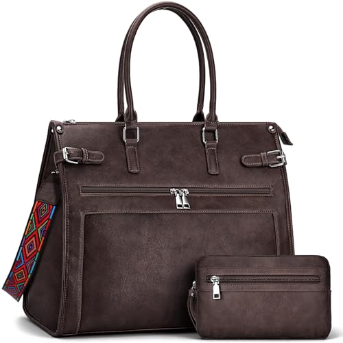 SYTRAH Laptop Tote Bag for Women, 15.6 inch Computer Purse | Faux Leather Laptop Tote with Satchel Purse, Fits 15.6" Laptop, 9-Pocket Organizer, 3-Way Convertible,Work & Casual - color: Dark Coffee