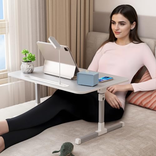 Laptop Bed Tray Table, Adjustable Laptop Bed Stand Lap Desk with LED Light Portable Standing Table with Foldable Legs for Kids Adult USB Charging Folding Lap Tablet Table for Sofa Couch Grey