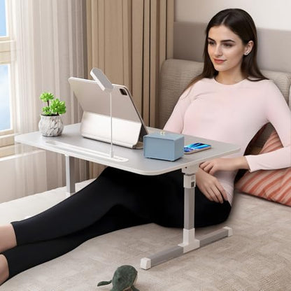 Laptop Bed Tray Table, Adjustable Laptop Bed Stand Lap Desk with LED Light Portable Standing Table with Foldable Legs for Kids Adult USB Charging Folding Lap Tablet Table for Sofa Couch Grey