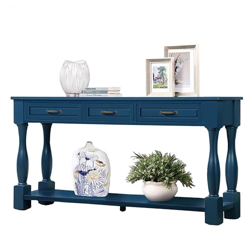 63.4"Solid Wood Console Table with Drawers,Sofa Table,Entryway Table | Navy Blue Console Table with 3 Drawers and Bottom Shelf;Solid Wood Narrow Sofa Table for Hallway,Foyer,Easy Assembled - color: Blue