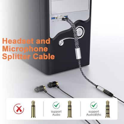 ABCPOW Headset Splitter Cable for PC 3.5mm Jack Headphone Splitte AUX Audio Adapter Microphone Splitter 3.5mm Female to 2 Dual 3.5mm Male for Computer Simultaneously Y Splitter Gaming Speakers for PC - color: Silver