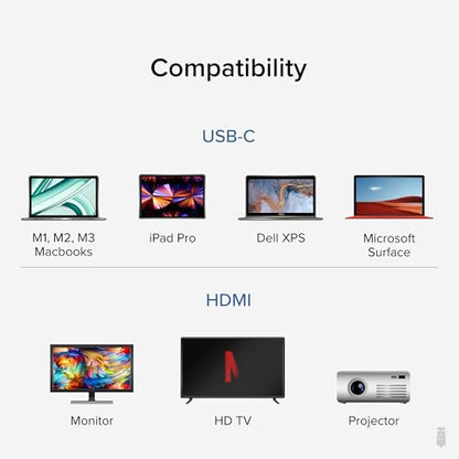 Plugable USB C to HDMI Cable 6ft / 1.8m, HDMI 2.0, USB4 / Thunderbolt Adapter for 4K Monitor, 4K 60Hz (USBC-HDMI-Cable) for iPhone 15, iPad Pro, MacBook Pro, Dell XPS, Surface Laptop - Driverless