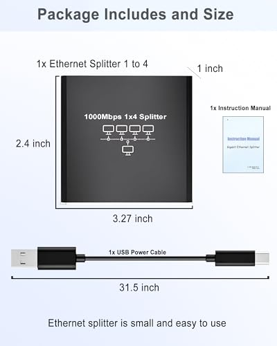 LIEZHUA Ethernet Splitter 1 to 4 - Network Splitter with USB Power Cable, RJ45 Internet Splitter Adapter 1000Mbps High Speed for Cat 5/5e/6/7/8 Cable [4 Devices Networked Simultaneously] | 4 Devices Networked Simultaneously ,1000 Mbps Multi-port network S
