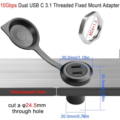QIANRENON 10Gbps Dual USB C 3.1 Threaded Fixed Mount Adapter 2 Port USB Type C 3.1 Female to Female Embedded Panel Mount Circular Connector, Dust Cover, Installed in Dashboard Device Panel
