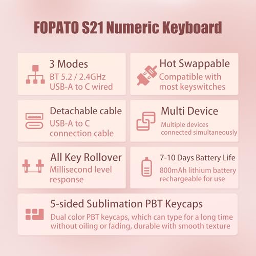 Wireless Number Pad Keyboard Mechanical Numpad Numeric Keypad for Laptop | Bluetooth Creamy 10 Key RGB Portable Cute Financial Accounting Rechargeable for Windows, PC, BT5.0/2.4G, Pink S21 - color: Pink