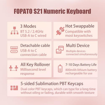 Wireless Number Pad Keyboard Mechanical Numpad Numeric Keypad for Laptop | Bluetooth Creamy 10 Key RGB Portable Cute Financial Accounting Rechargeable for Windows, PC, BT5.0/2.4G, Pink S21 - color: Pink