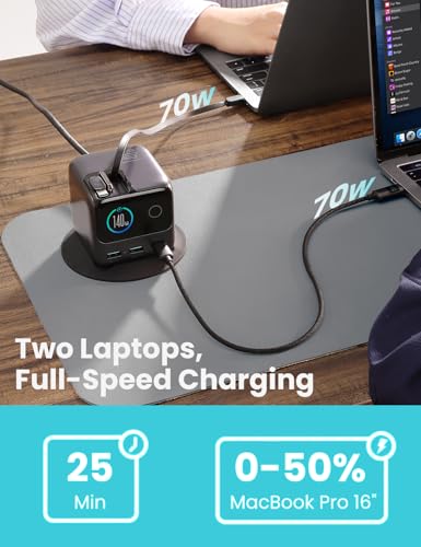 JOYROOM 5-in-1 USB C Charging Station, 140W Ultra-Fast 5-Port Desktop Charger with Dual Retractable 100W USB-C Cables (2.6ft), 1.54” Smart LCD Power Display for MacBook, iPhone, Home & Office
