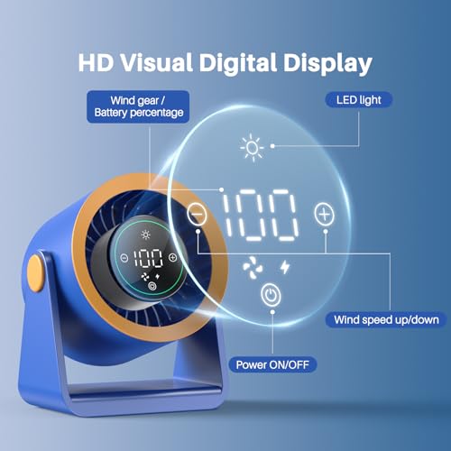 Ausic Powerful Desk Fan Rechargeable Battery Powered, 15200mAh Small Turbo Bedside Fans for Cooling and Sleep, Personal USB Fans With LED Light, Digital Display, 105° Tilt, 0-100% Speed - color: Blue