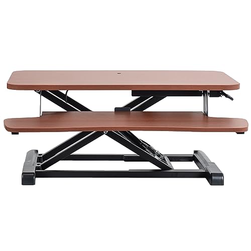 VIVO Dark Walnut 28 inch Standing Desk Converter, DESK-V028KA | Height Adjustable, Stand Up Desk Riser, Wide Keyboard Tray, Dual Monitor and Laptop Workstation, Black Frame, K Series - color: Dark Walnut, size: 28"