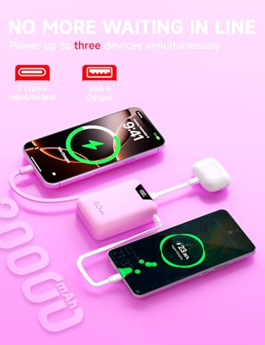 M2 Portable Charger, 20000mAh Power Bank, PD 35W Ultra Fast USB-C Built-in Cable, Compact Cute Mini External Battery Pack for iPhone, Samsung, Android iPad (Pink) - color: Pink