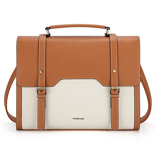 Missnine Laptop Bag 15.6 inch Canvas Messenger Bag for Women Professional Work Bag Shoulder Bag - color: Brown+beige