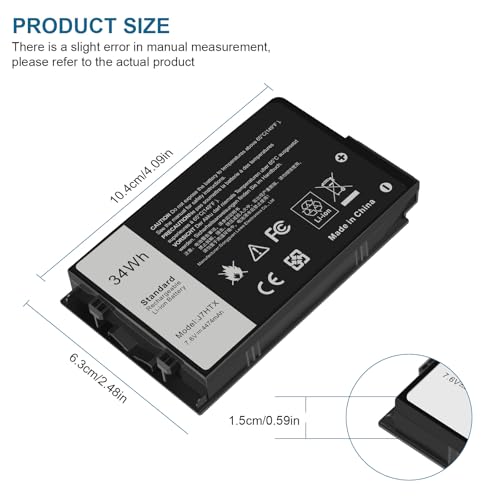 34Wh J7HTX Laptop Battery Replacement for Dell Latitude 7202 7212 7220 Rugged Extreme Tablet T03H T03H002 T03H T03H003 Series 02JT7D 2JT7D J82G5 FH8RW 0FH8RW DRPTJ VW5Y4 451-BBOR 451-BCCO 7XNTR - size: 4.09x2.48x0.59inch J7HTX