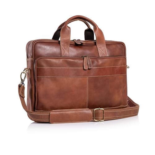 KomalC Leather briefcase 16 inch Laptop Messenger Bag for Men and Women Best Office Satchel Bag - color: Tan