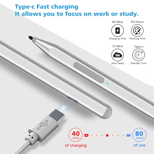 Stylus Pen for Microsoft Surface Pro12/11/10/9/8/X/7+/6/5/4/3, Surface Go 4/3/2/1, Surface Laptop1-5/Studio/Book 3/2/1 with Eraser Side Button,Palm Rejection,Tilt Function,1024 Pressure - color: Silver