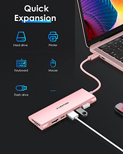 LENTION 7-in-1 USB C Hub, 3 USB 3.0 Ports, 4K@30Hz, 100W PD, Card Readers | Ideal for Work & Study, Stable Driver 3.0 Certified, Compatible with macOS, iOS/iPadOS, Windows & ChromeOS (C36B, Rose Gold)