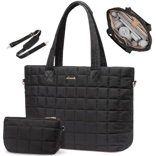 LOVEVOOK Laptop Tote Bag for Women, 17 Inch Large Puffer Work Computer Tote Bags for Teacher Nurse, Quilted Women's Purse Tote Shoulder Handbags with Zipper for Travel College Office Gym, Black - color: Black, size: 17 Inch