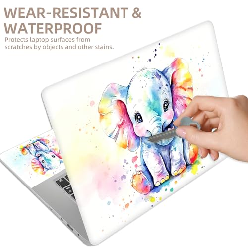 Universal Laptop Skin Sticker for 12/13/14/15.6 Inch Laptops, Reusable Vinyl Laptop Decal Cover, Waterproof Scratch Resistant Notebook Skin with 2 Wrist Pads,Watercolor Elephant - color: Watercolor Elephant