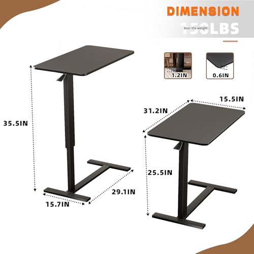 Adjustable Overbed Table with Wheels, Medical Bedside Table, Black | Alloy steel frame, 31.1"x15.3" walnut top, hydraulic 25.6-37.1", 50lb cap, C-base fits under bed, easy-clean, quiet casters - color: Black